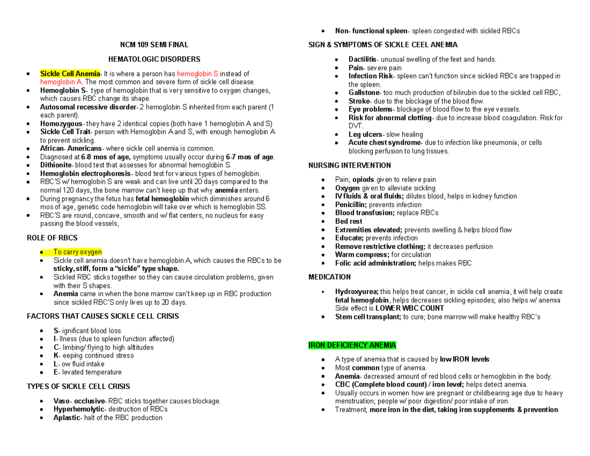 NCM 109 semi-final notes on anemia types and hepatitis disease - Studocu