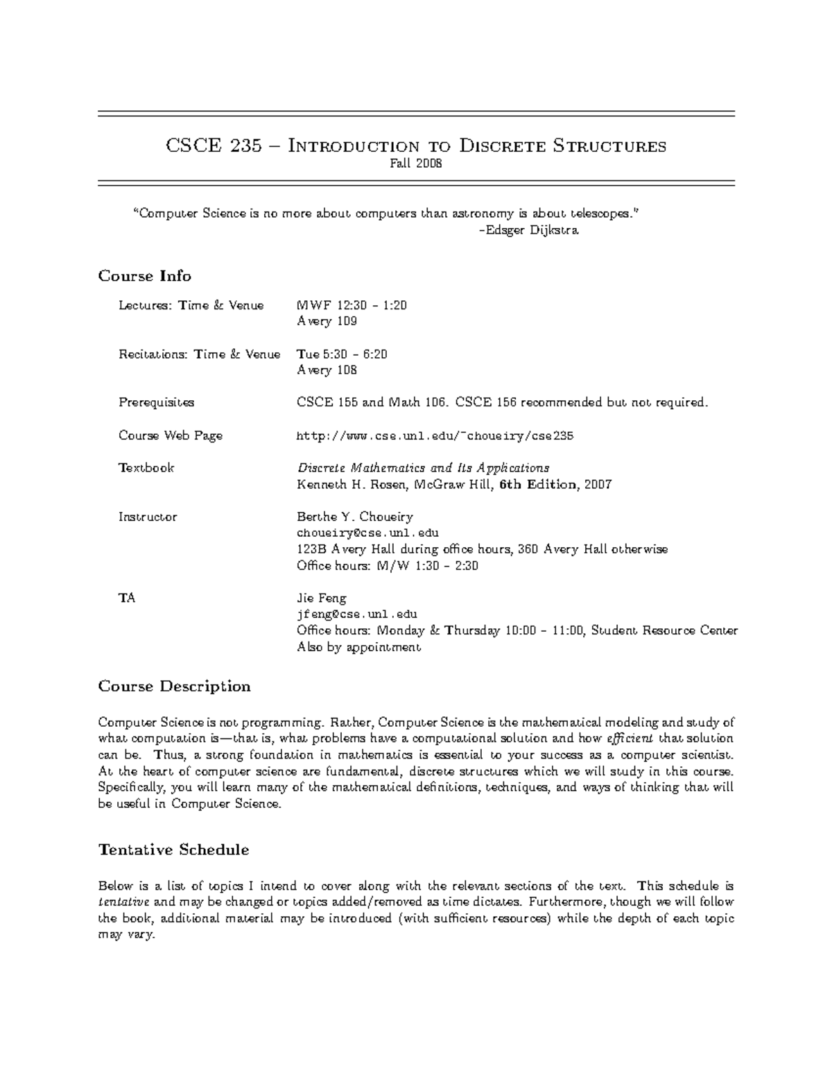 CSCE 235 Syllabus: Introduction to Discrete Structures Fall 2008 - Studocu