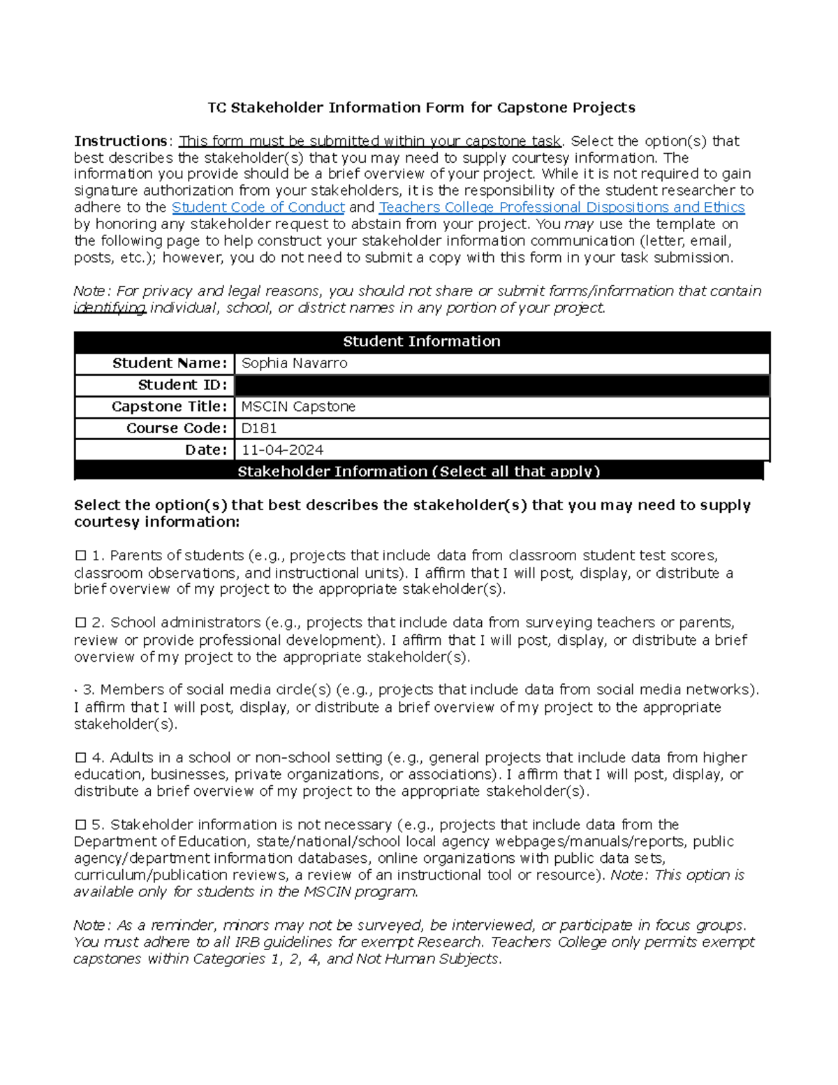 D181-Task 2 Stakeholder Info Sheet for MSCIN Capstone Projects - Studocu