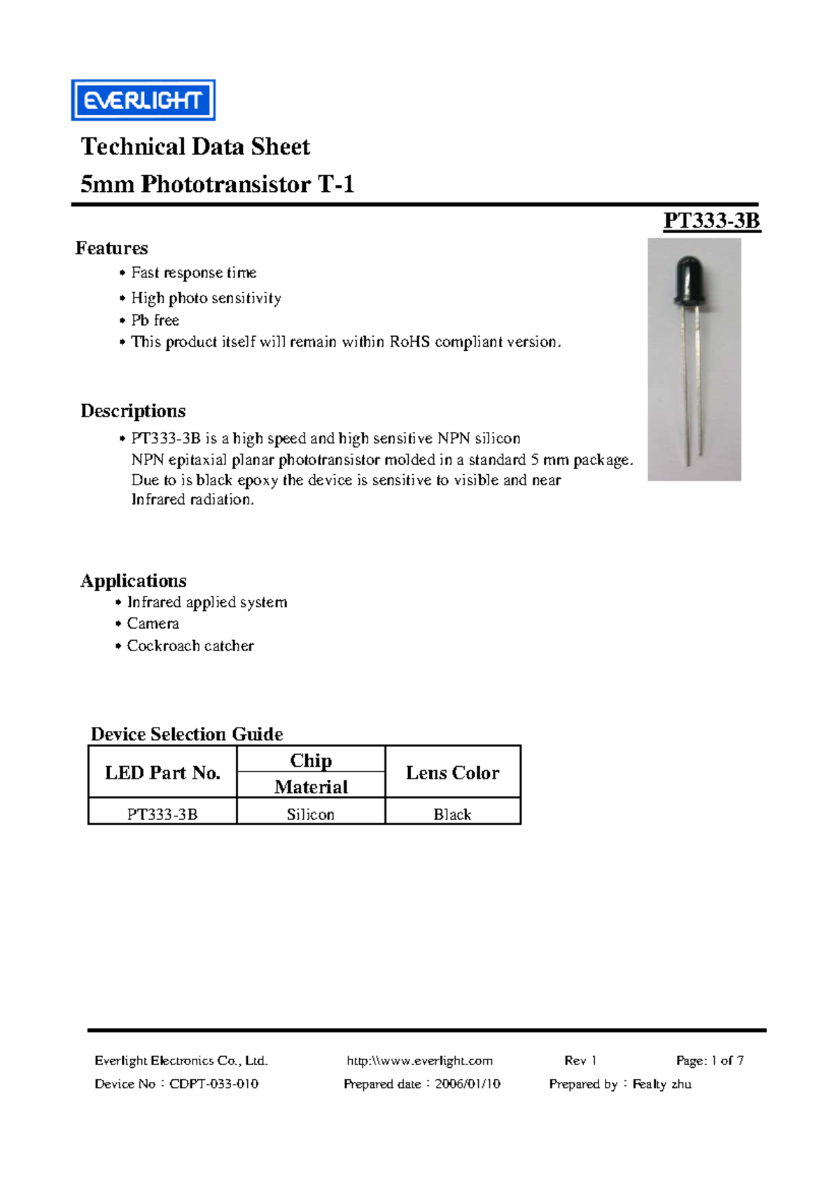 PT333-3B Technical Data Sheet: 5mm Phototransistor Specifications - Studocu