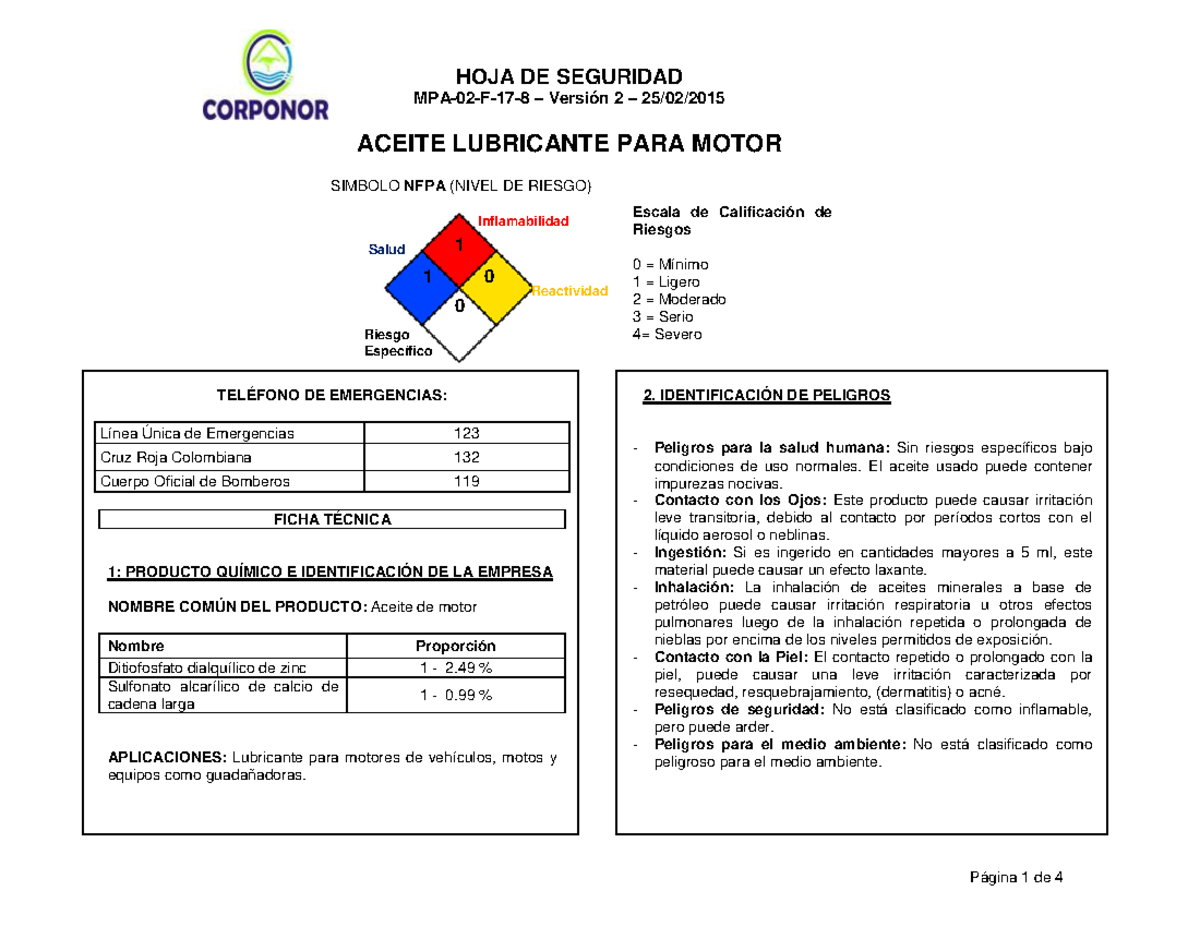 MPA-02-F-17-8 - Ficha de Seguridad para Aceite Lubricante de Motor