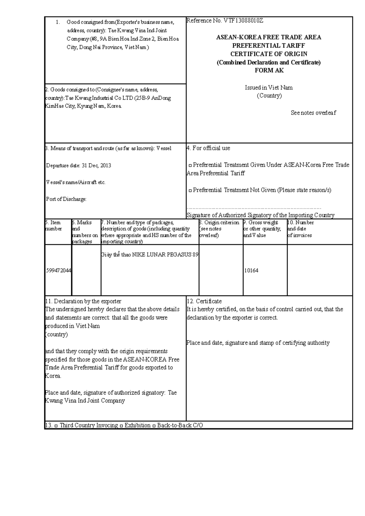 Free Trade Area Preferential Tariff Certificate of Origin - CO Form AK ...