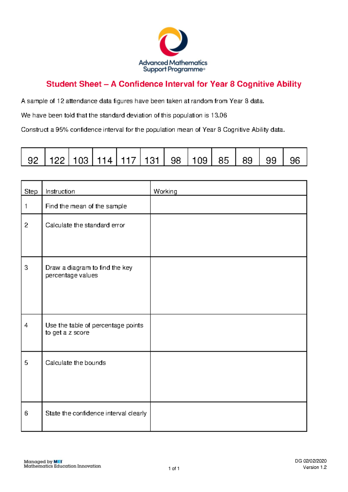 2c Student Sheets Confidence interval for year 8 Cognitive Ability v1.2 ...