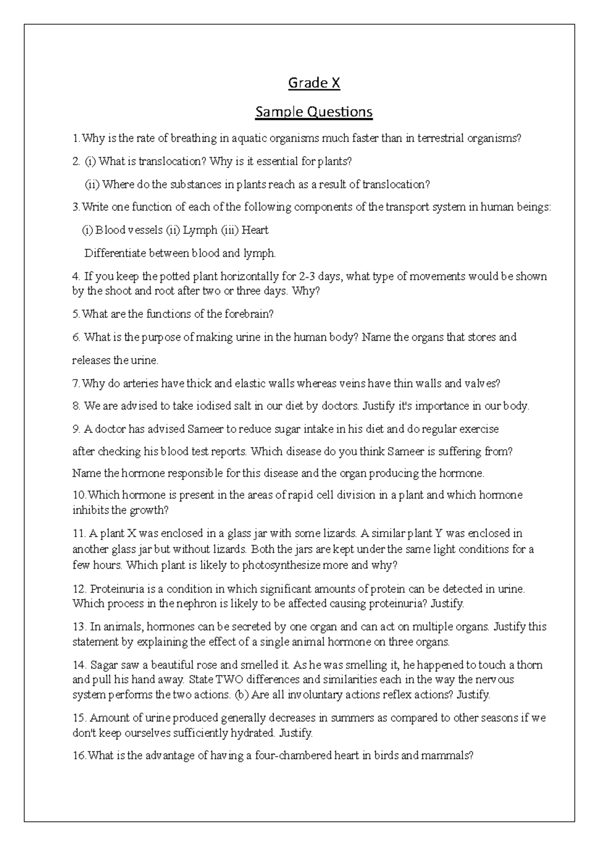 Grade X Sample Questions for Board Exam Preparation - Studocu