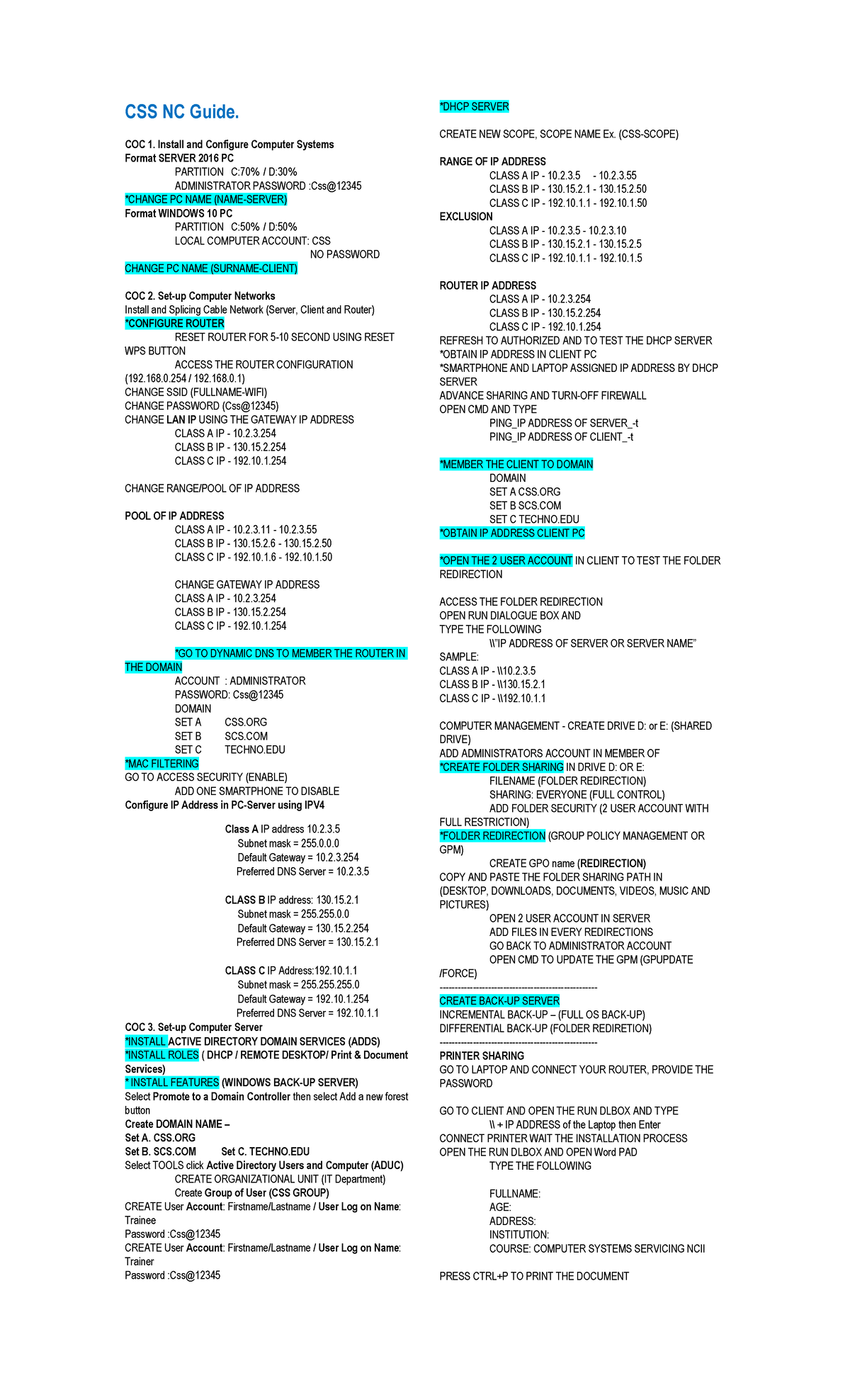 CSS NC Guide: Computer Systems & Networking Configuration - Studocu