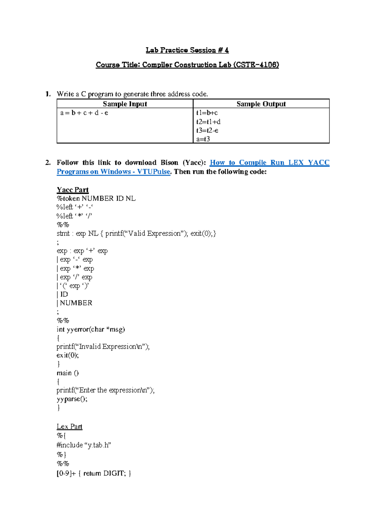 Lab 4 - well done - Lab Practice Session # 4 Course Title: Compiler ...