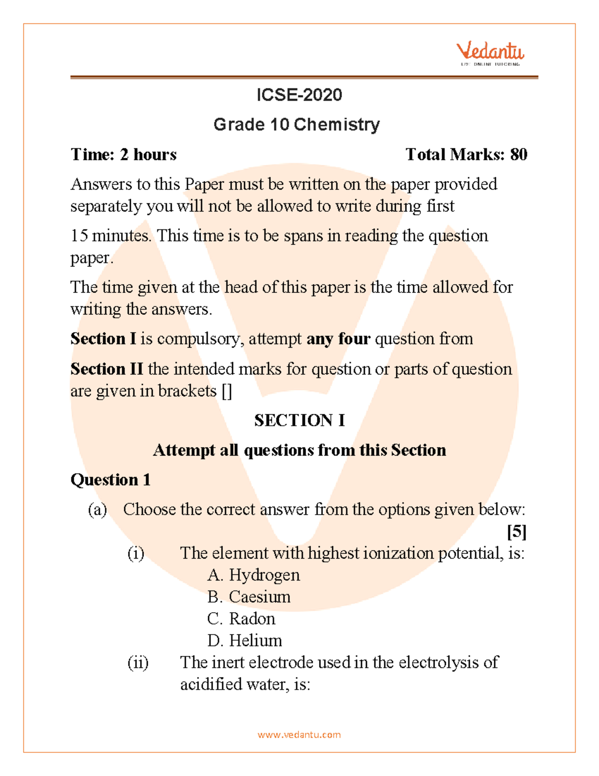 ICSE Class 10 Chemistry 2020 Question Paper with Answer Key - Studocu