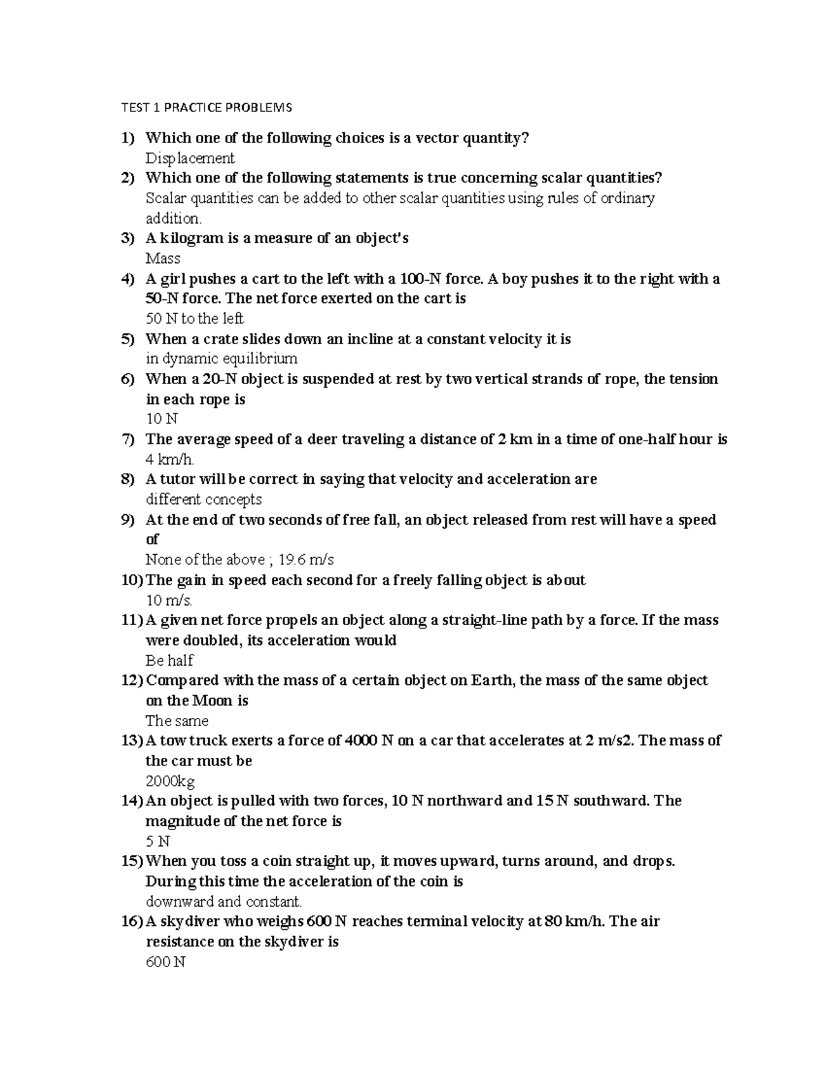 TEST 1 Practice Problems: Vector and Scalar Quantities Review - Studocu
