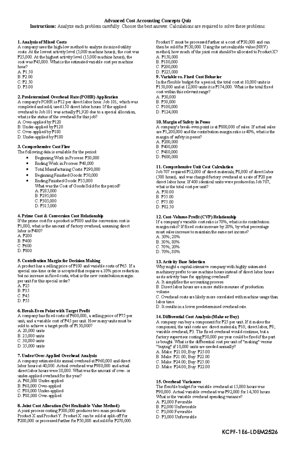 Advanced Cost Accounting Concepts Quiz (ACC 101) - Studocu
