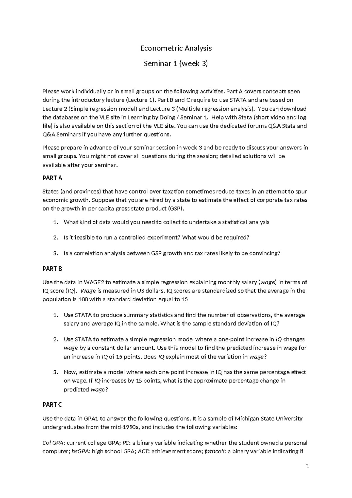 EA Seminar 1: Week 3 Activities on Regression Analysis and STATA - Studocu