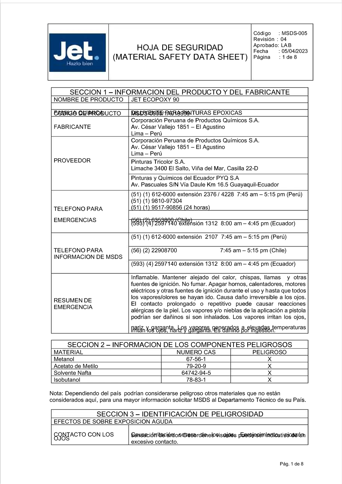 HOJA DE SEGURIDAD MSDS JET ECOPOXY 90 - Revisión 04 - Document Preview