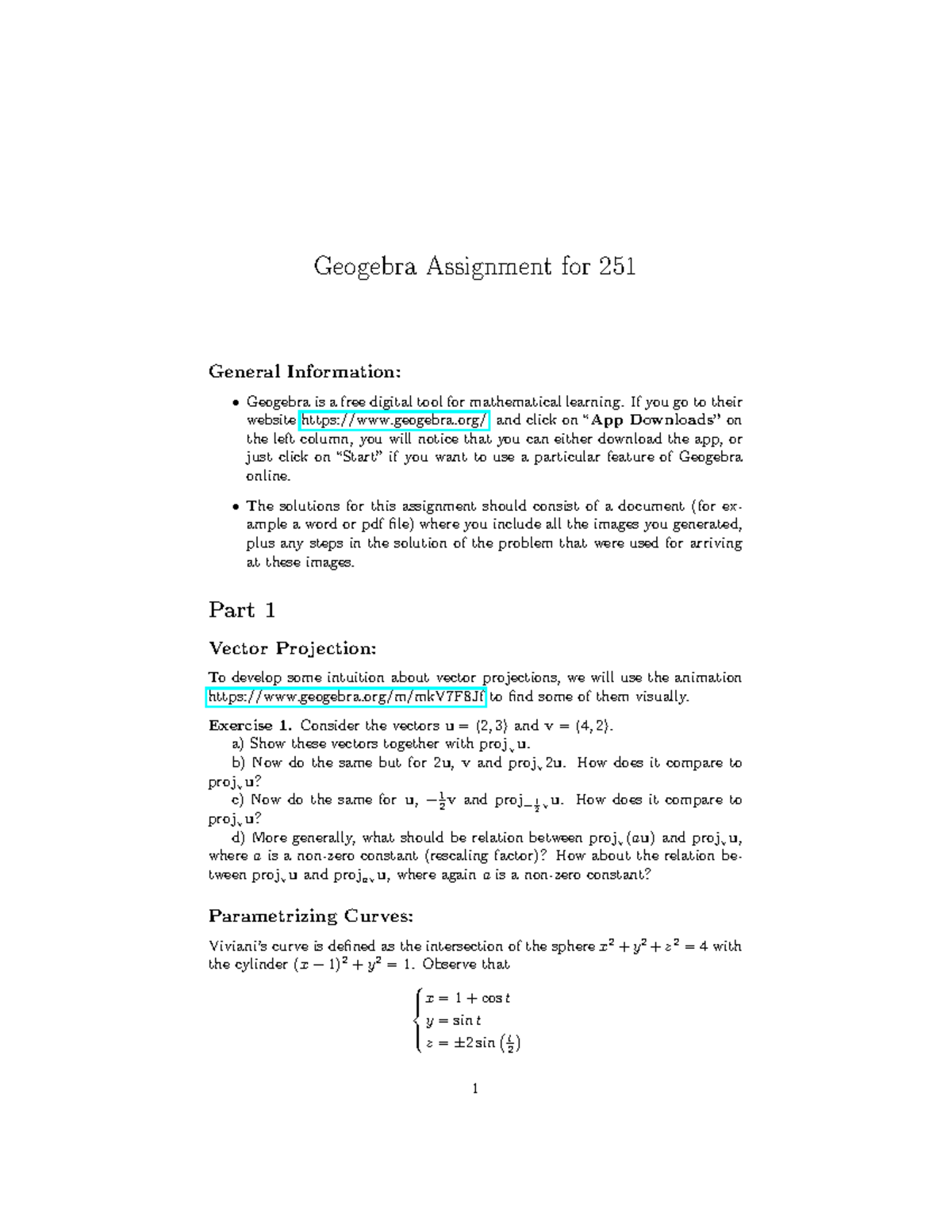 Geogebra Assignment 251: Vector Projections & Curve Parametrization ...