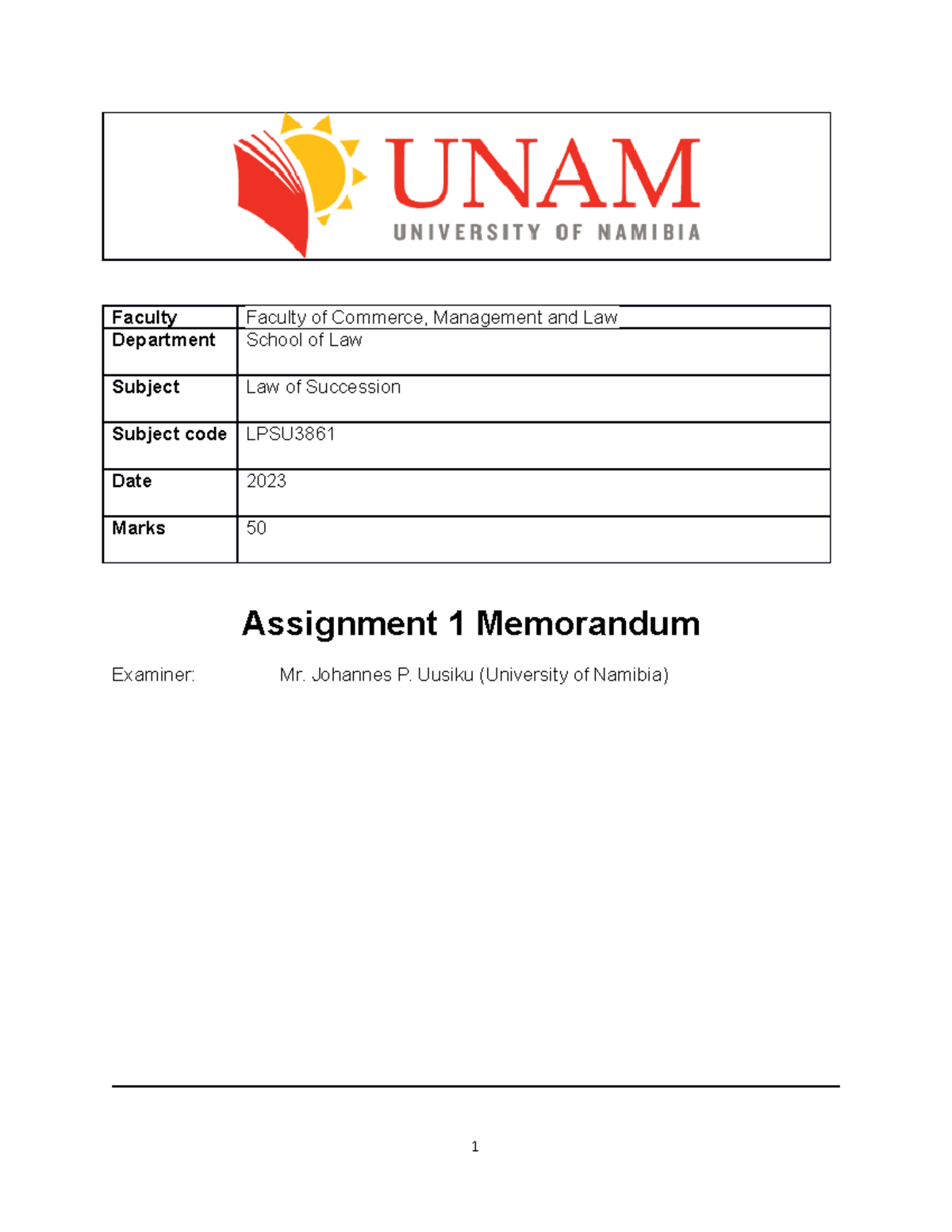 Memo Assignment 1 - Faculty Faculty of Commerce, Management and Law ...
