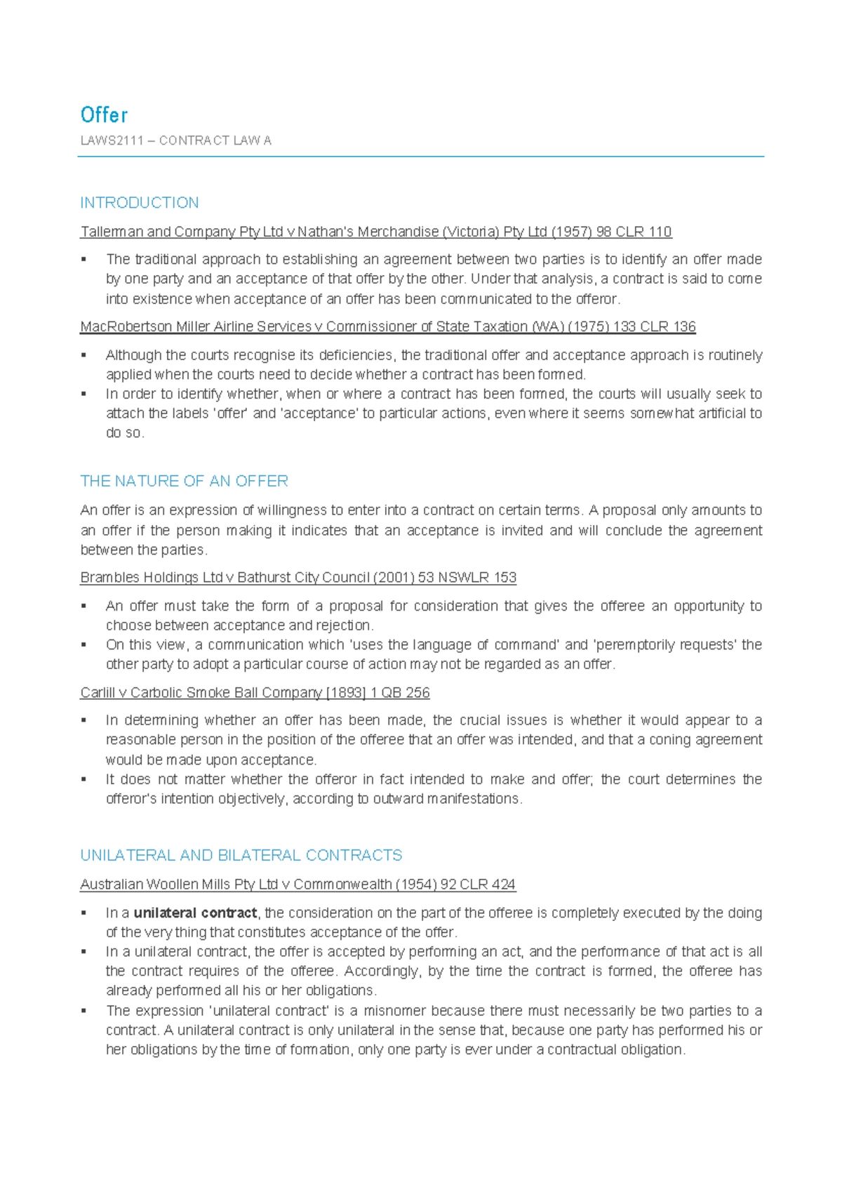 Summary Law Of Contract A: complete - Contract Law Notes Contracts ‘A ...