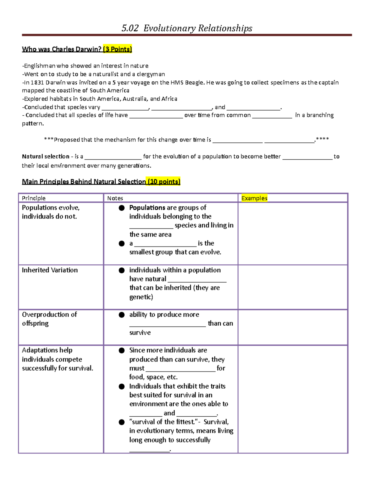 502 Evolutionary Relationships Alternate Assignment Notes on Darwin ...