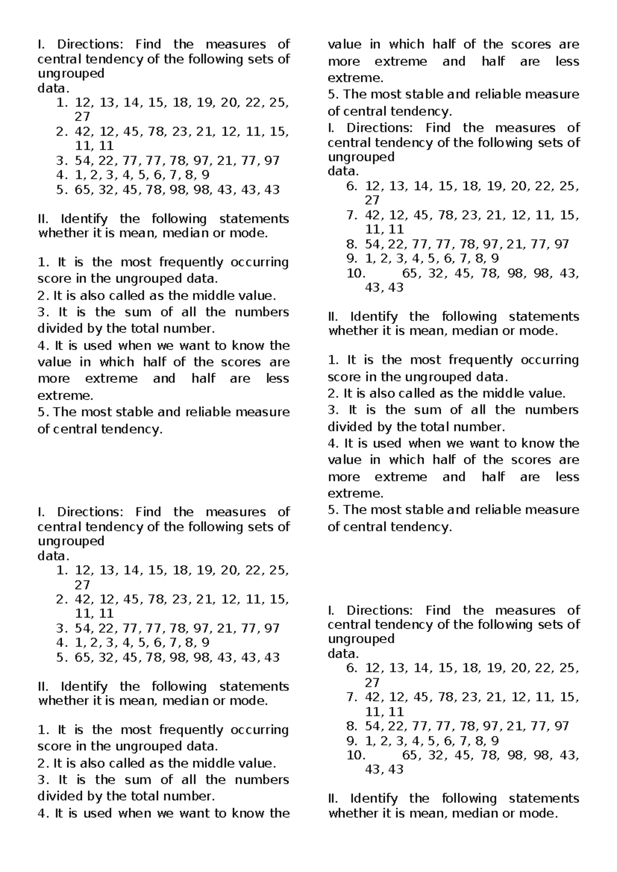 Activity Sheet on Measures of Central Tendency for Grade 7 Learners ...