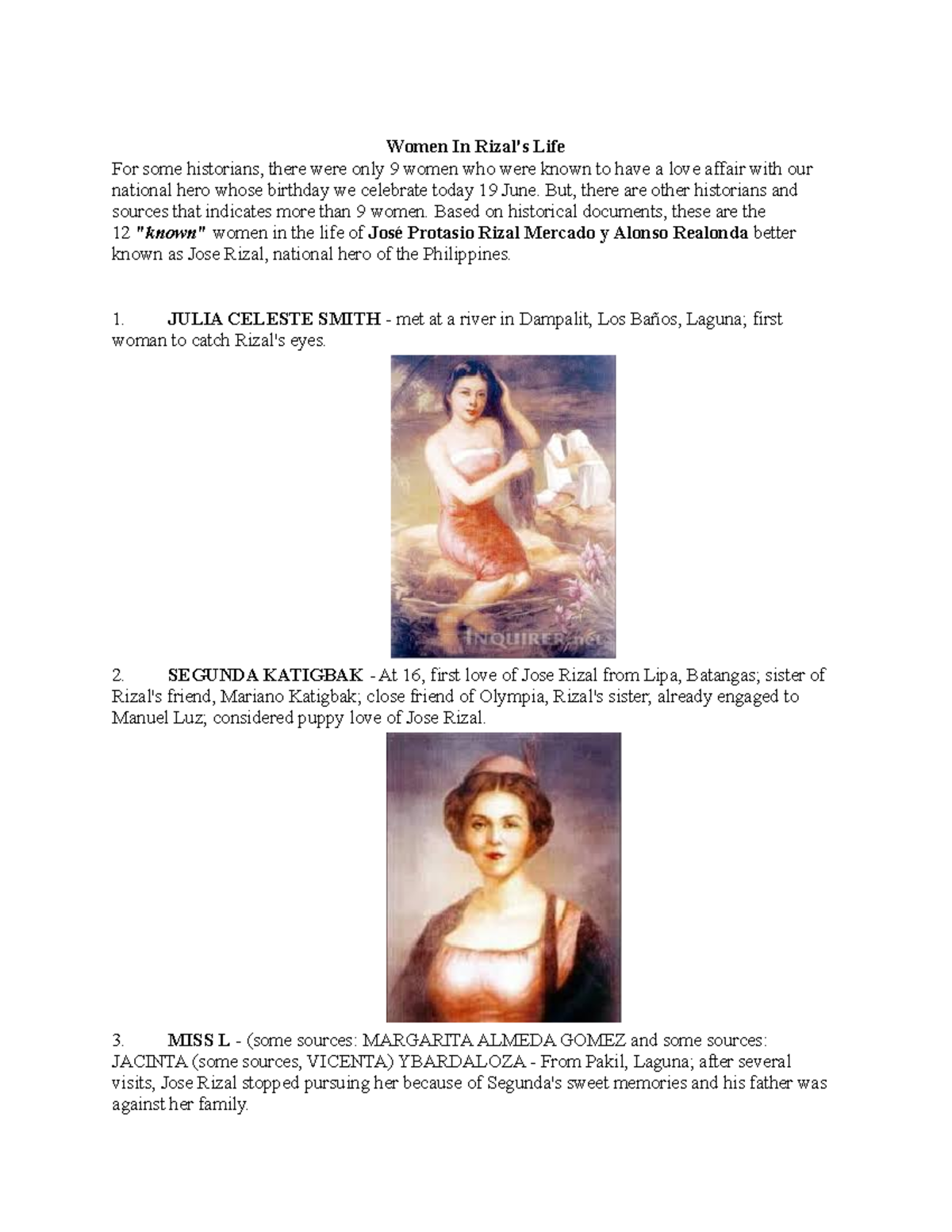Women in the Life of Rizal: An Overview of His Love Affairs - Studocu