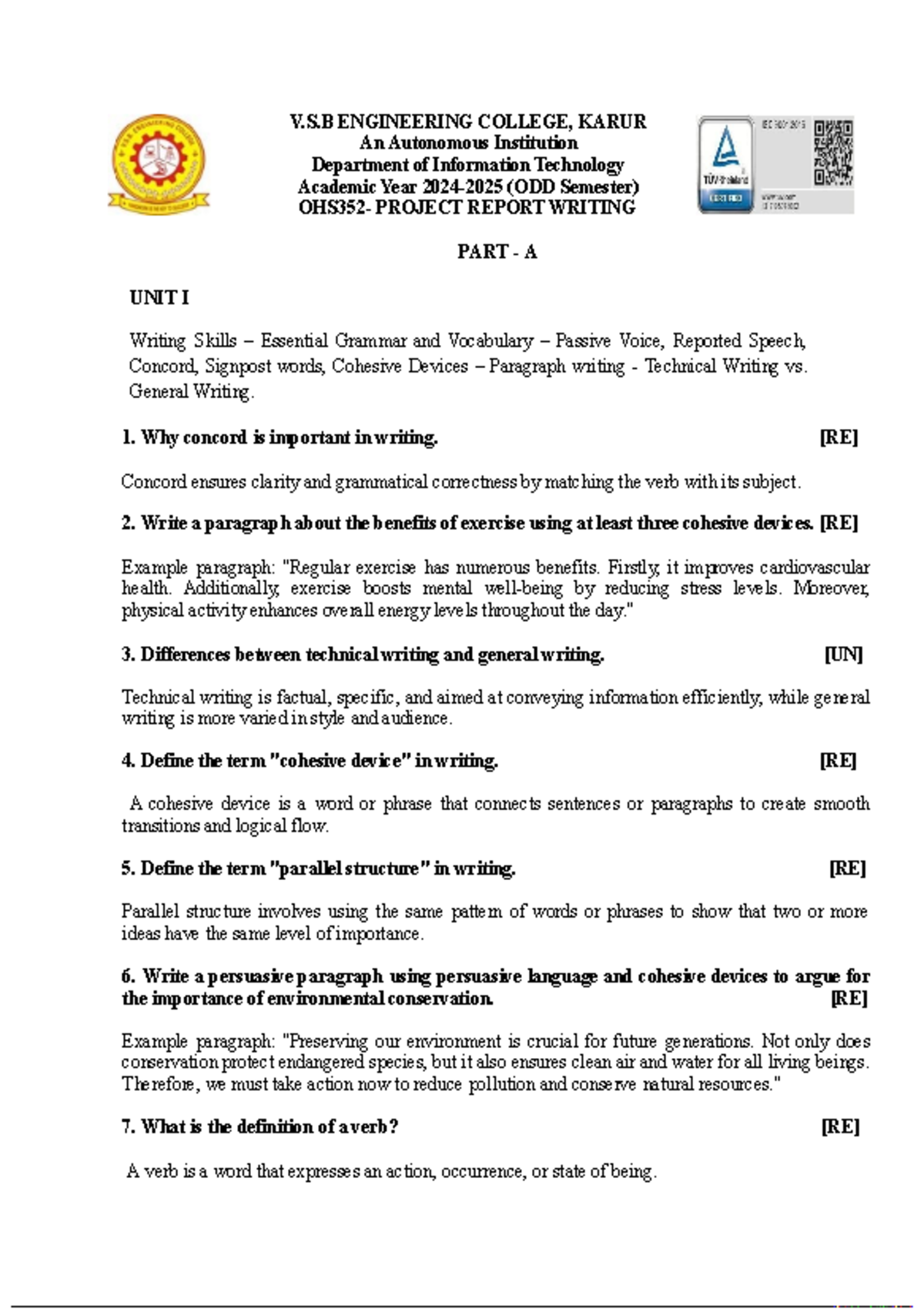 OHS352 PRW Unit 1 TO 5 2 Marks - V.S ENGINEERING COLLEGE, KARUR An ...