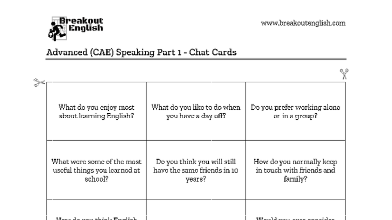 Advanced CAE Speaking Part 1: Chat Cards for Discussion - Studocu