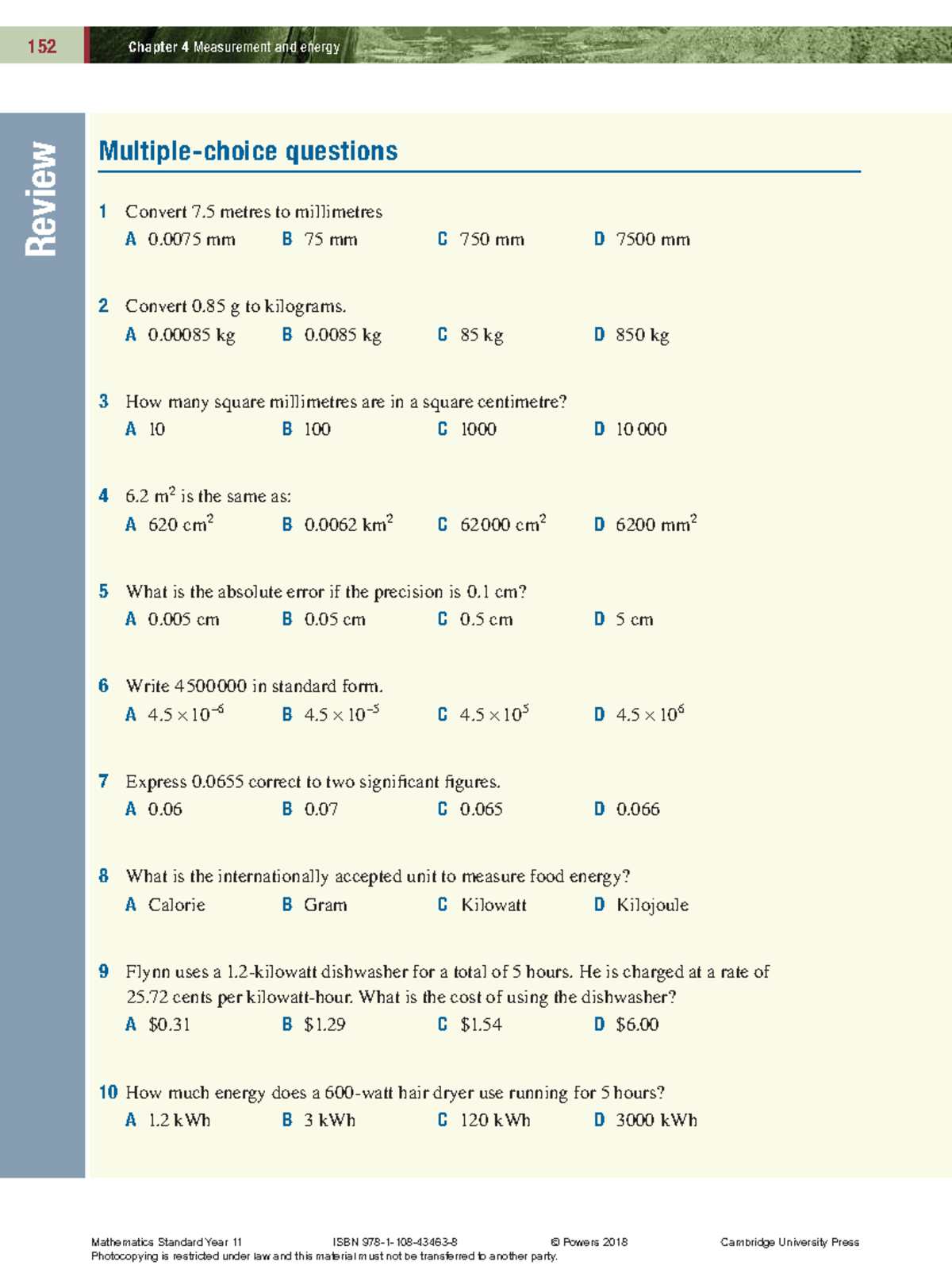 Mathematics Standard Year 11 Review Chapter 4 Measurement & Energy ...