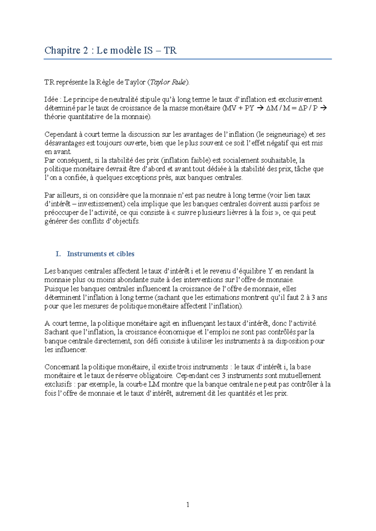Modèle IS-TR en Macroéconomie 2 : Chapitre 1 et Taylor Rule - Studocu