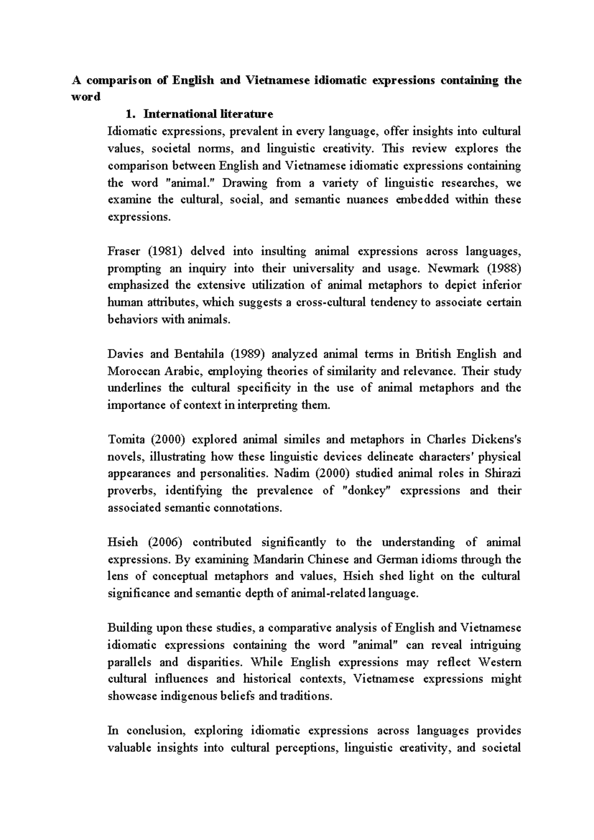 Comparative Analysis of English & Vietnamese Animal Idioms: A Review ...