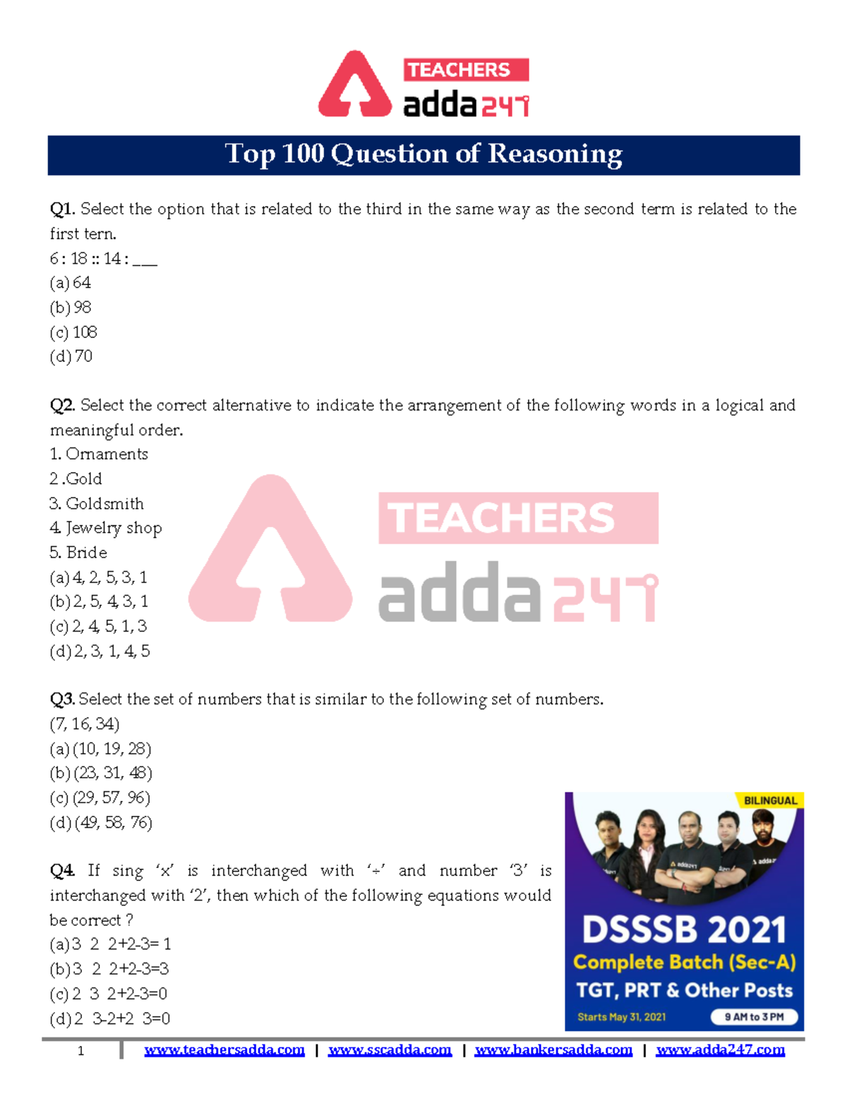 Top 100 Reasoning Questions for Exam Preparation - Studocu
