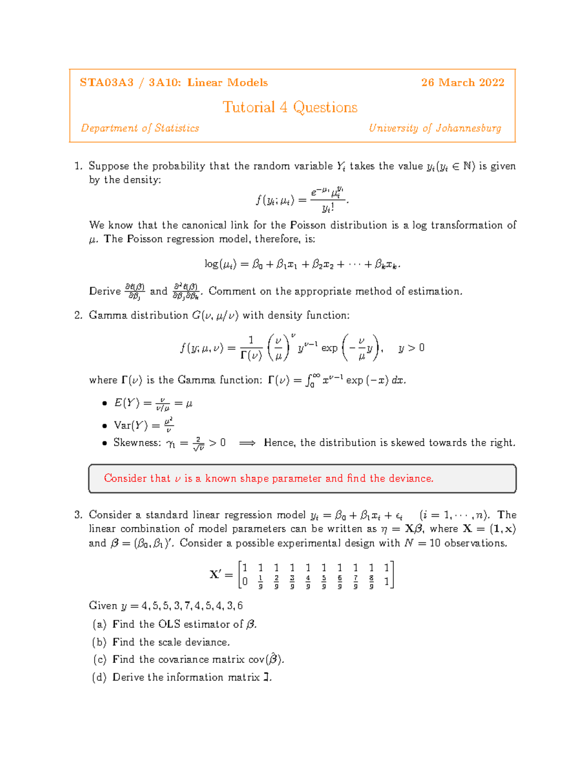 STA03A3: Tutorial 4 Questions on Linear Models and Estimation - Studocu