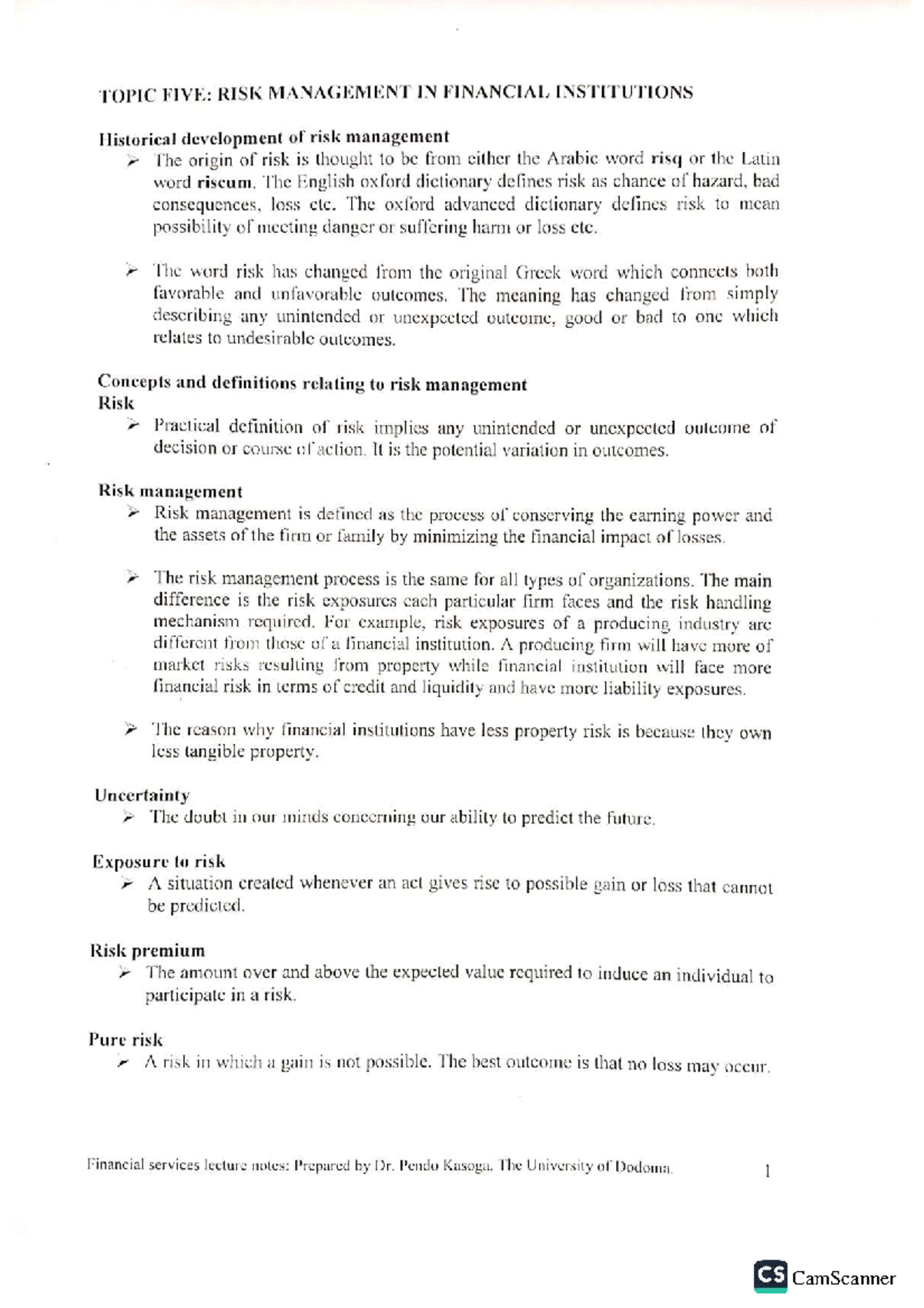 CS 5: Risk Management in Financial Institutions - Lecture Notes - Studocu