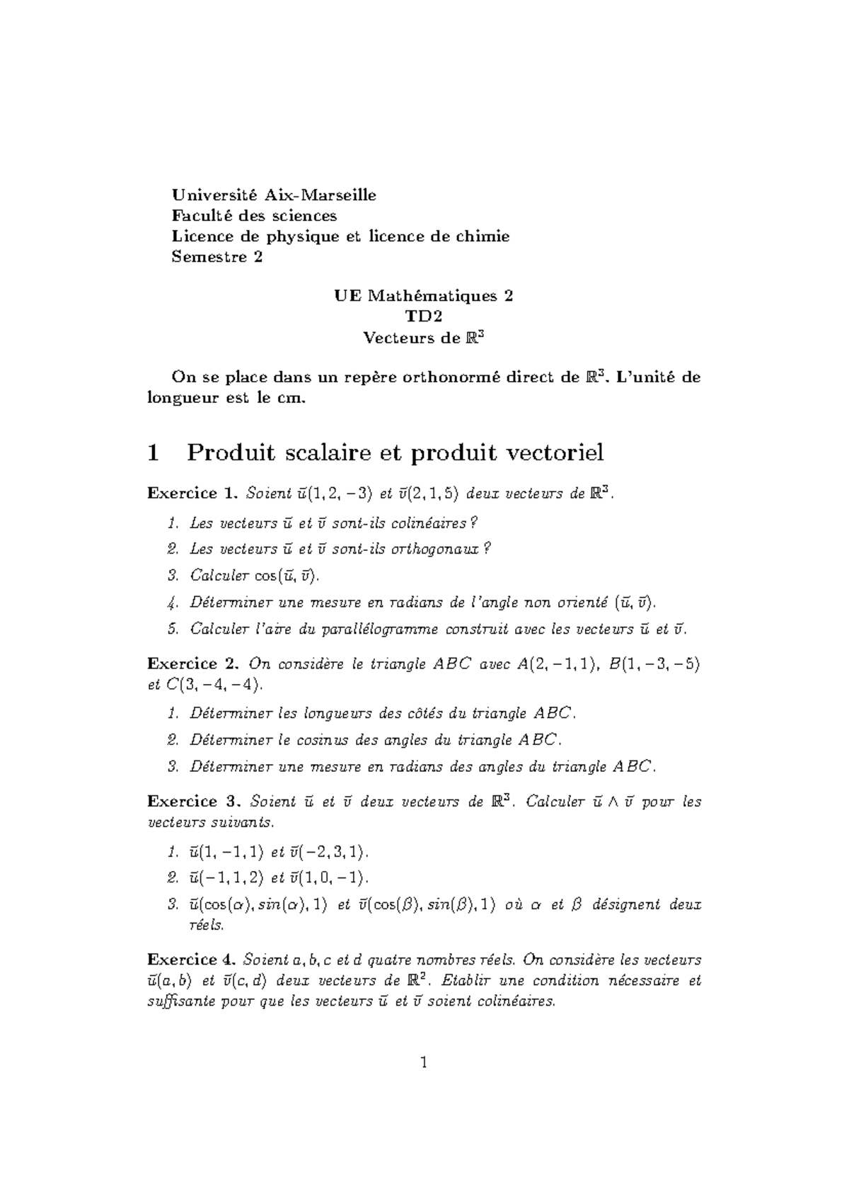 TD Math 220: Vecteurs de R3 - Exercices et Problèmes - Studocu