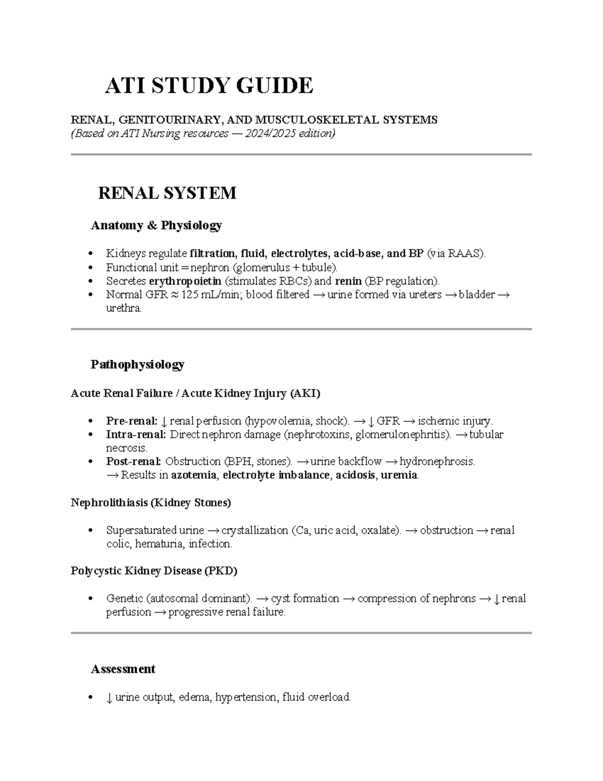 ATI Study Guide: Renal, Genitourinary & Musculoskeletal Systems - Studocu