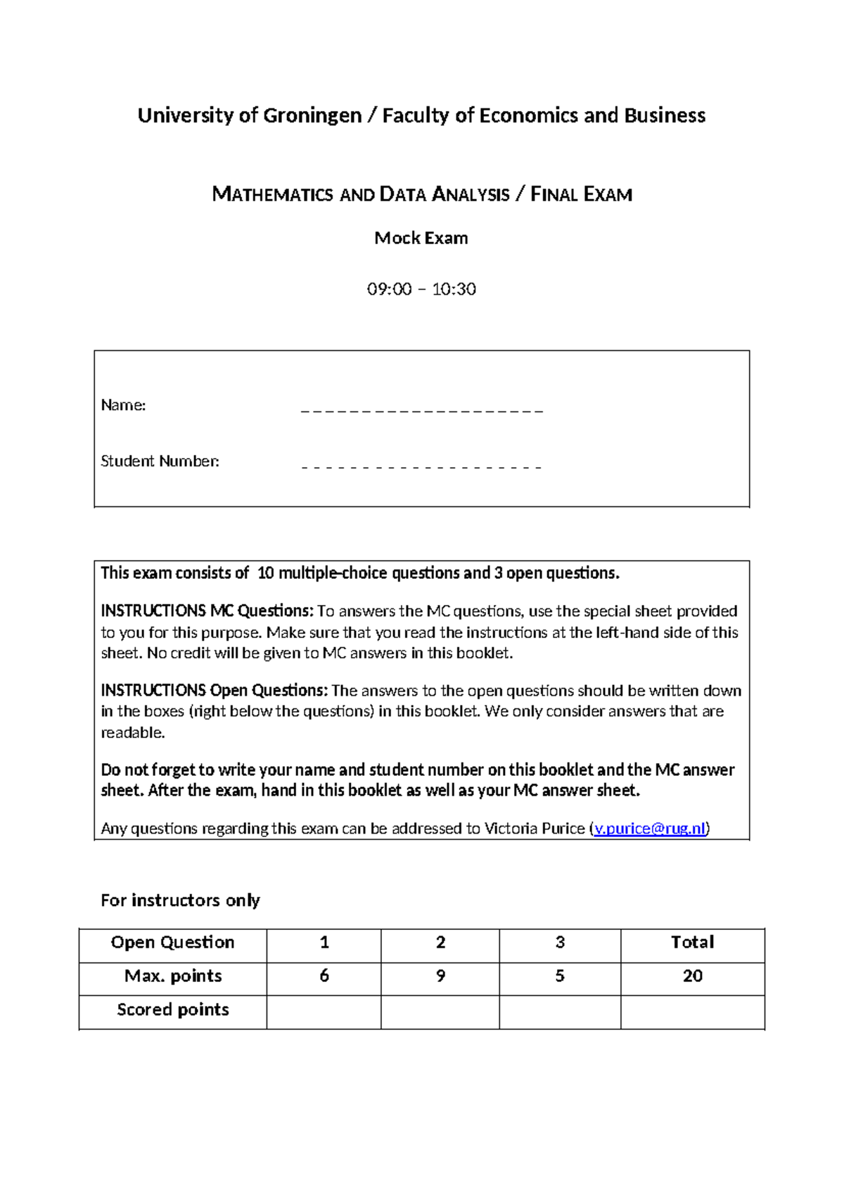 Mathematics and Data Analysis Mock Exam (Mock Final) - 2023 - Studeersnel