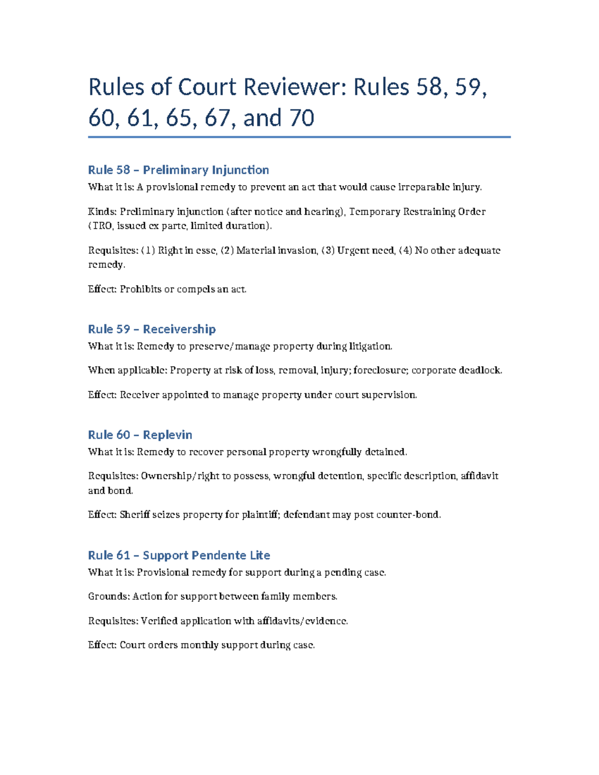 Rules of Court Reviewer: Key Provisions of Rules 58-70 Explained - Studocu