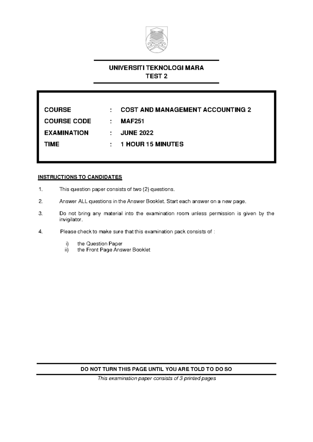 Test 2 MAF251: Cost & Management Accounting Exam June 2022 - Studocu
