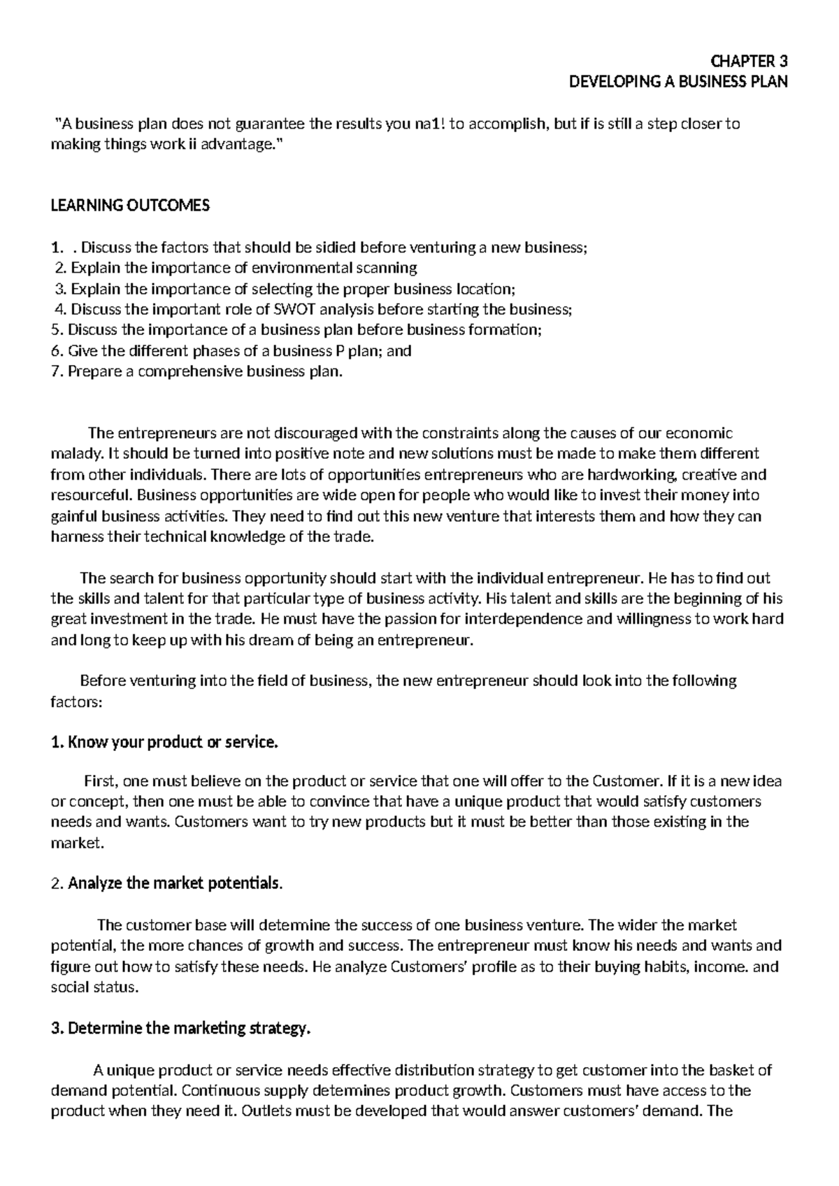 CHAPTER 3: DEVELOPING A BUSINESS PLAN - KEY CONCEPTS AND STRATEGIES ...