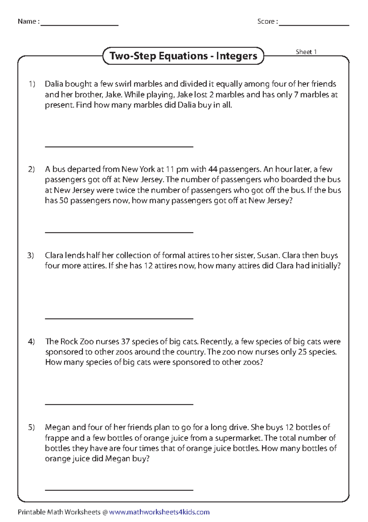 Two-Step Equations Practice - Integers - Math Worksheet - Studocu