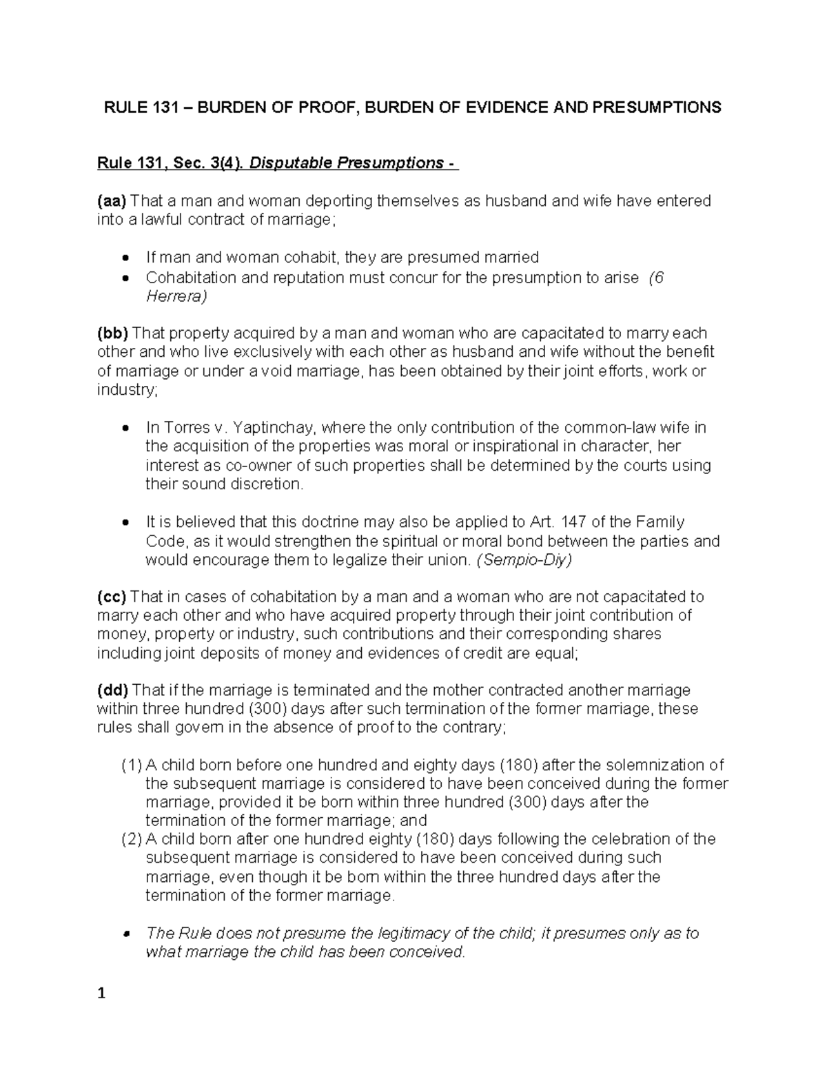 Rule 131: Burden of Proof & Presumptions in Evidence - Handouts - Studocu