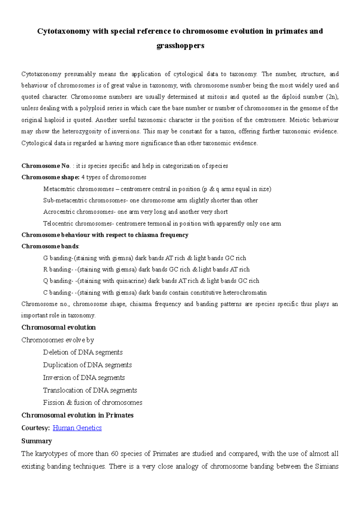 Cytotaxonomy & Chromosome Evolution in Primates and Grasshoppers - Studocu