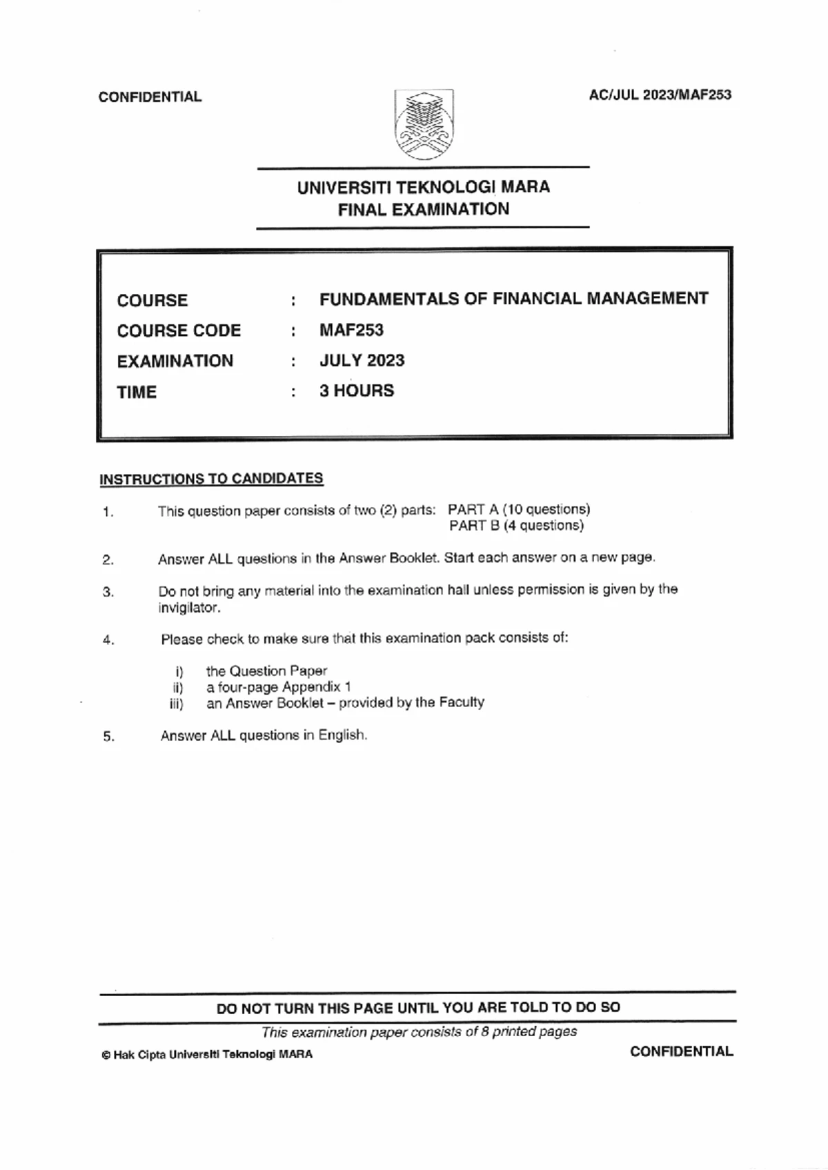 PYQ JULY2024 - Final Exam in Fundamentals of Financial Management - Studocu