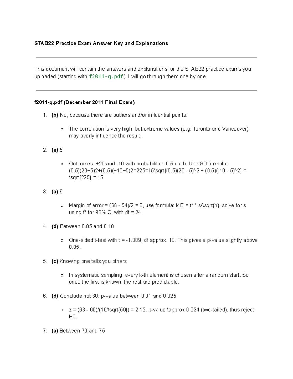 STAB22 Final Exam Practice Answers & Explanations - Studocu