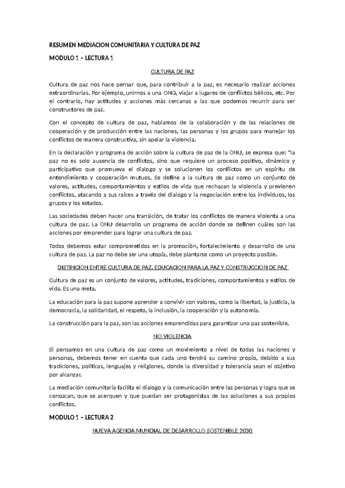 Resumen Mediación Comunitaria y Cultura de Paz Módulos 1 y 2 - Studocu