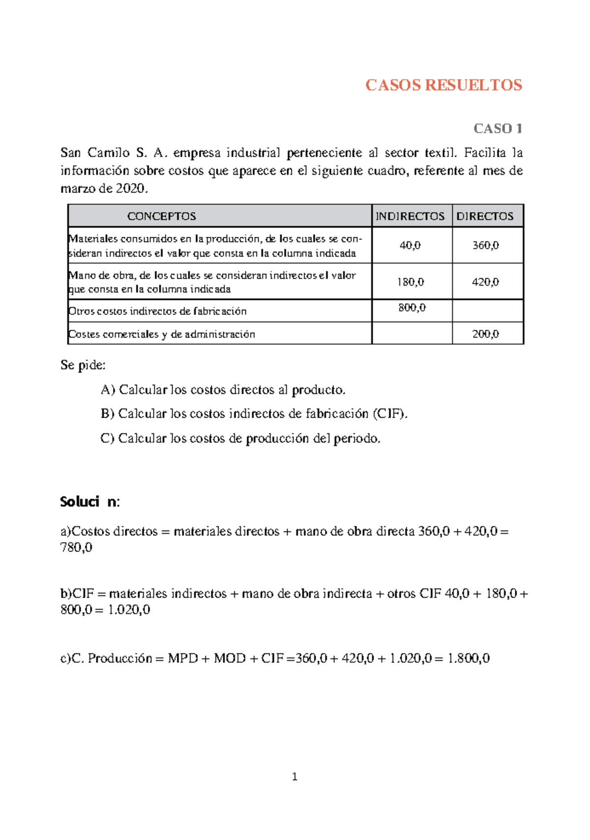 Casos Prácticos Resueltos en Contabilidad de Costos - CASOS 1-8 - Studocu