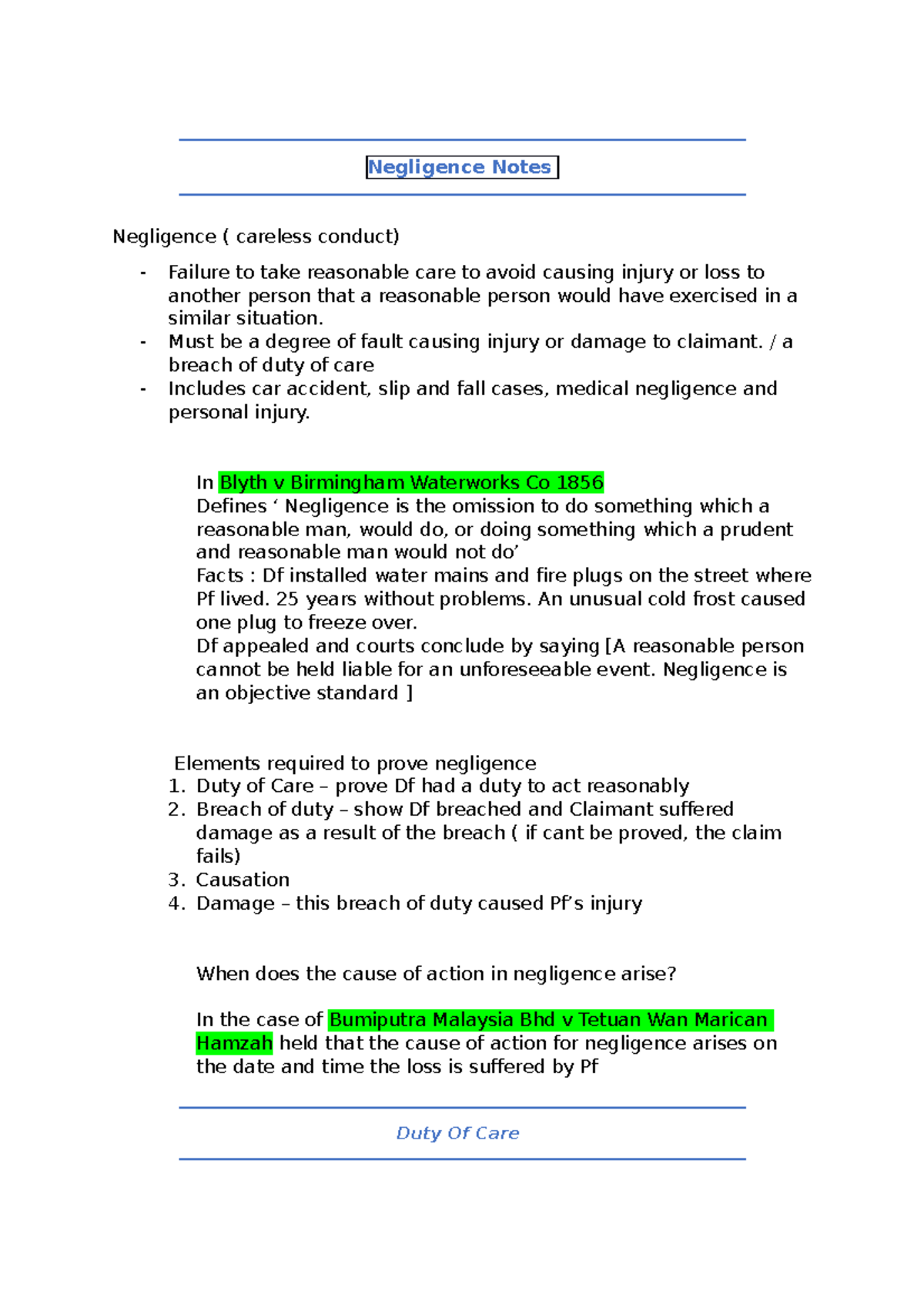 Negligence Notes: Key Concepts and Case Law Analysis for Law 101 - Studocu