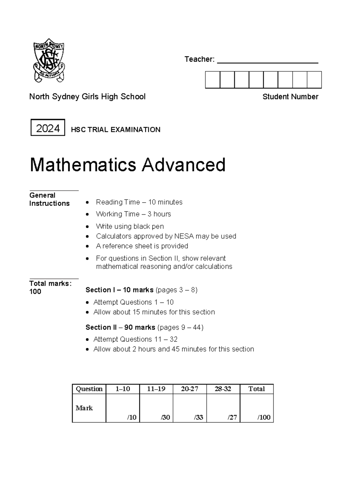 2024 HSC Trial Examination - Mathematics Advanced Questions - Studocu