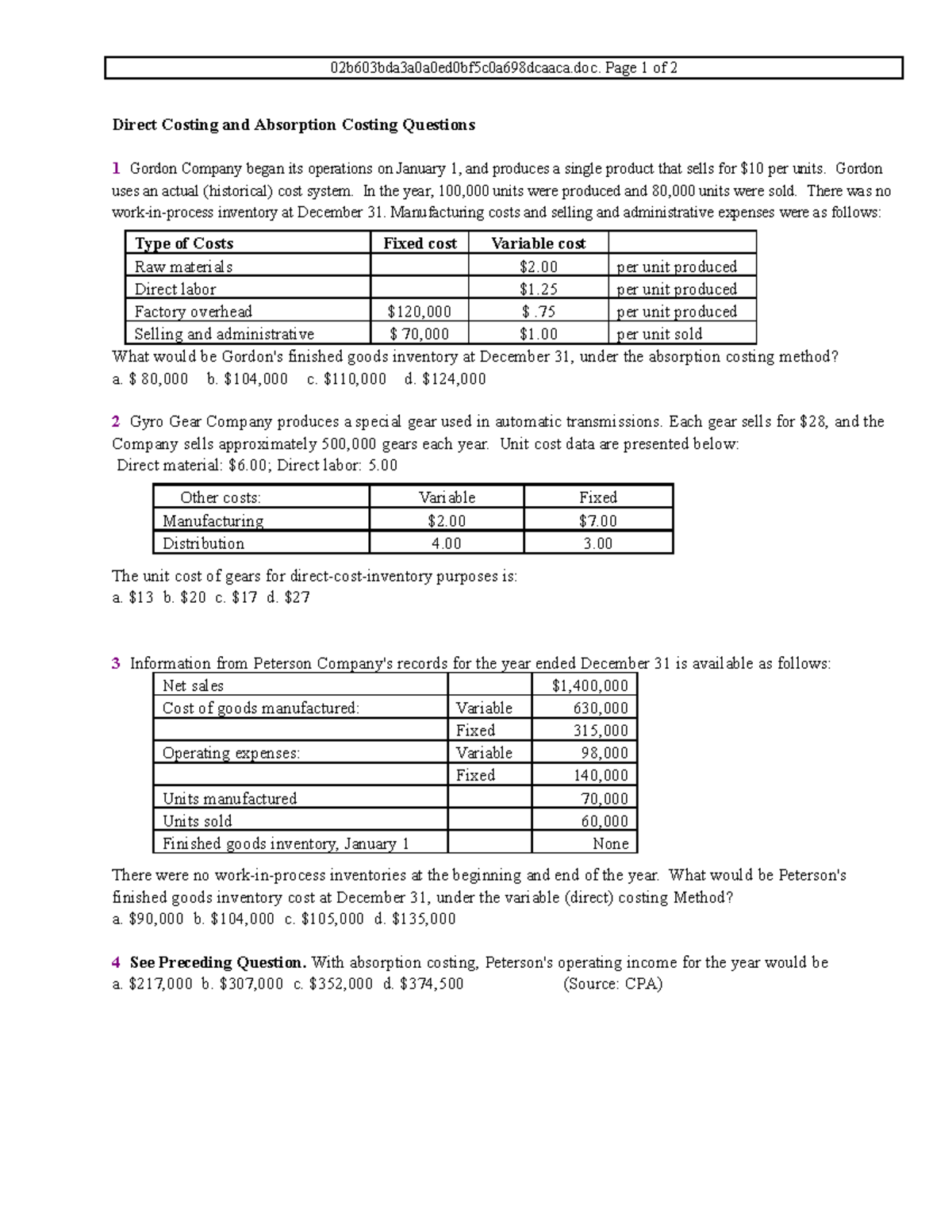 M11 Chp 06 Direct Costing: Practice Problems & Solutions - Studocu