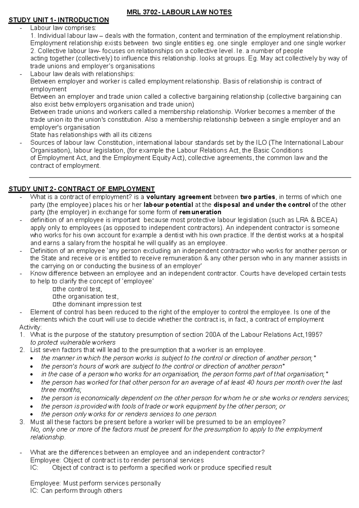 MRL 3702 - Labour Law Notes: Understanding Employment Relationships ...