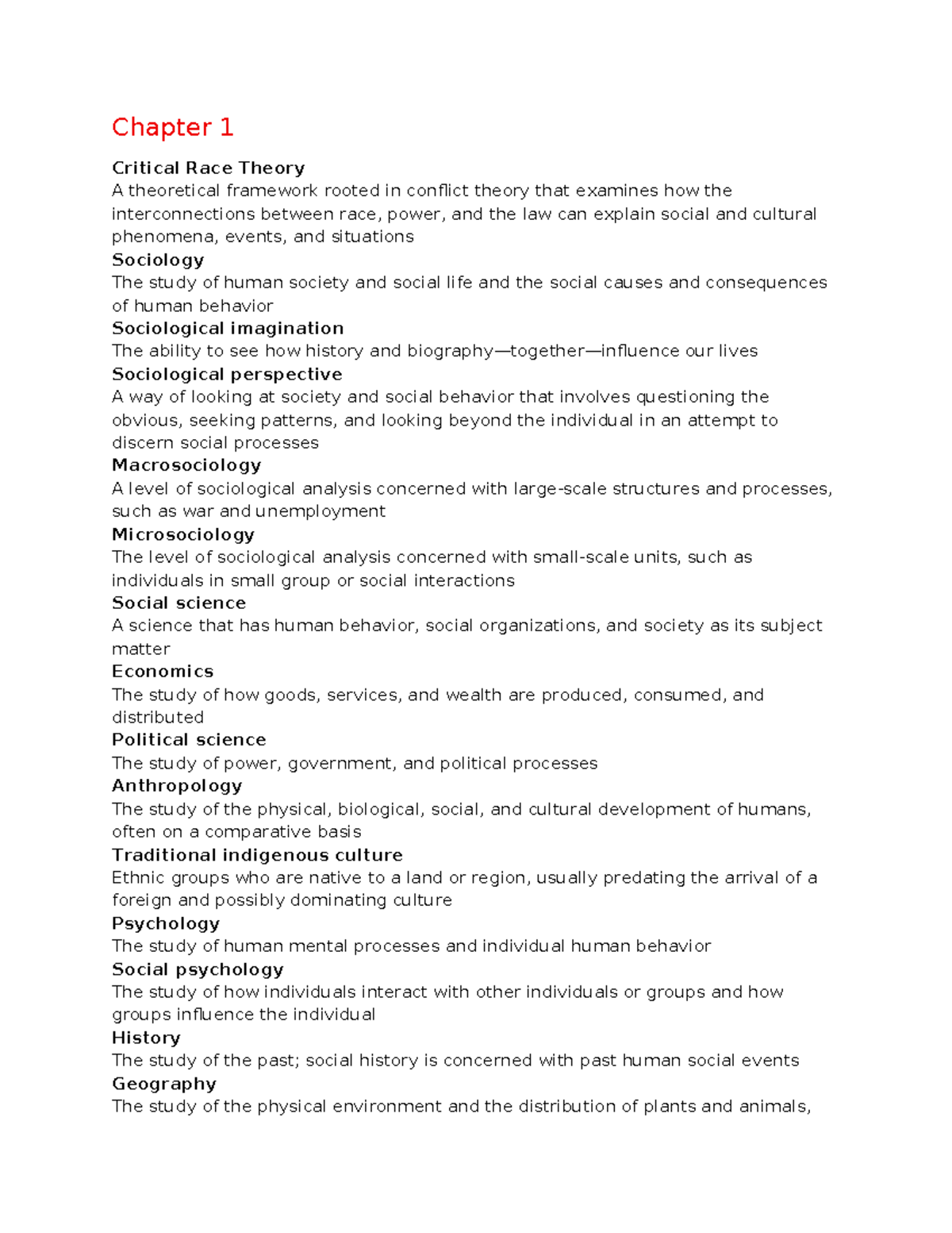 Sociology Concepts and Theories: Key Terms and Definitions (Chapters 1 ...