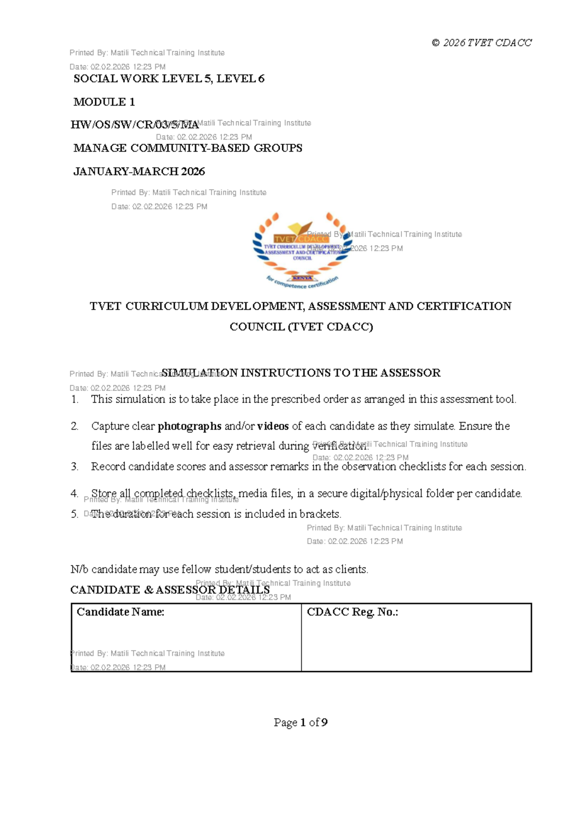 2026 TVET CDACC Social Work Level 5 & 6 Practical Assessment Checklist ...