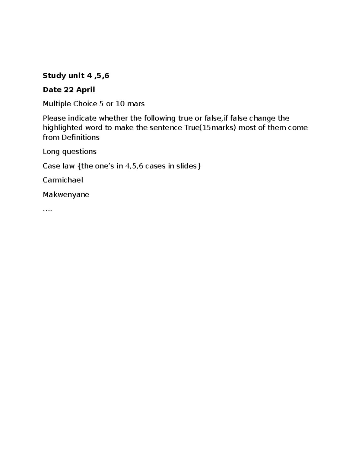 Document - IURI 213 - Study unit 4 ,5, Date 22 April Multiple Choice 5 ...