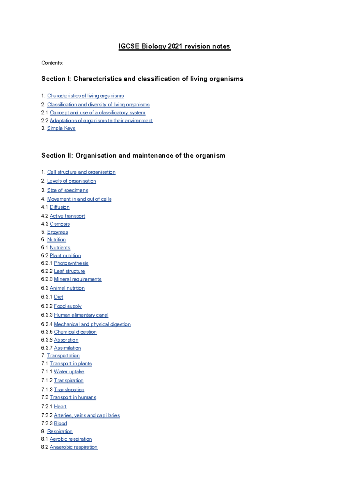 IGCSE Biology 2021: Comprehensive Revision Notes and Key Concepts - Studocu